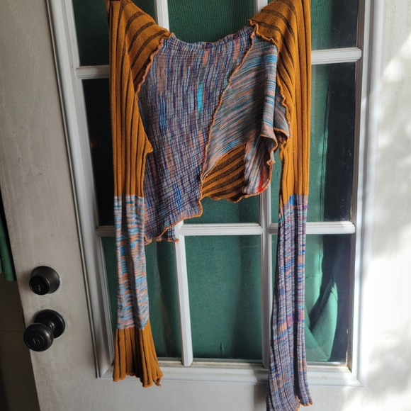 Urban Outfitters Patchwork Ribbed Knit Crop Top Long Flare Sleeve Multicolor S - Picture 4 of 6